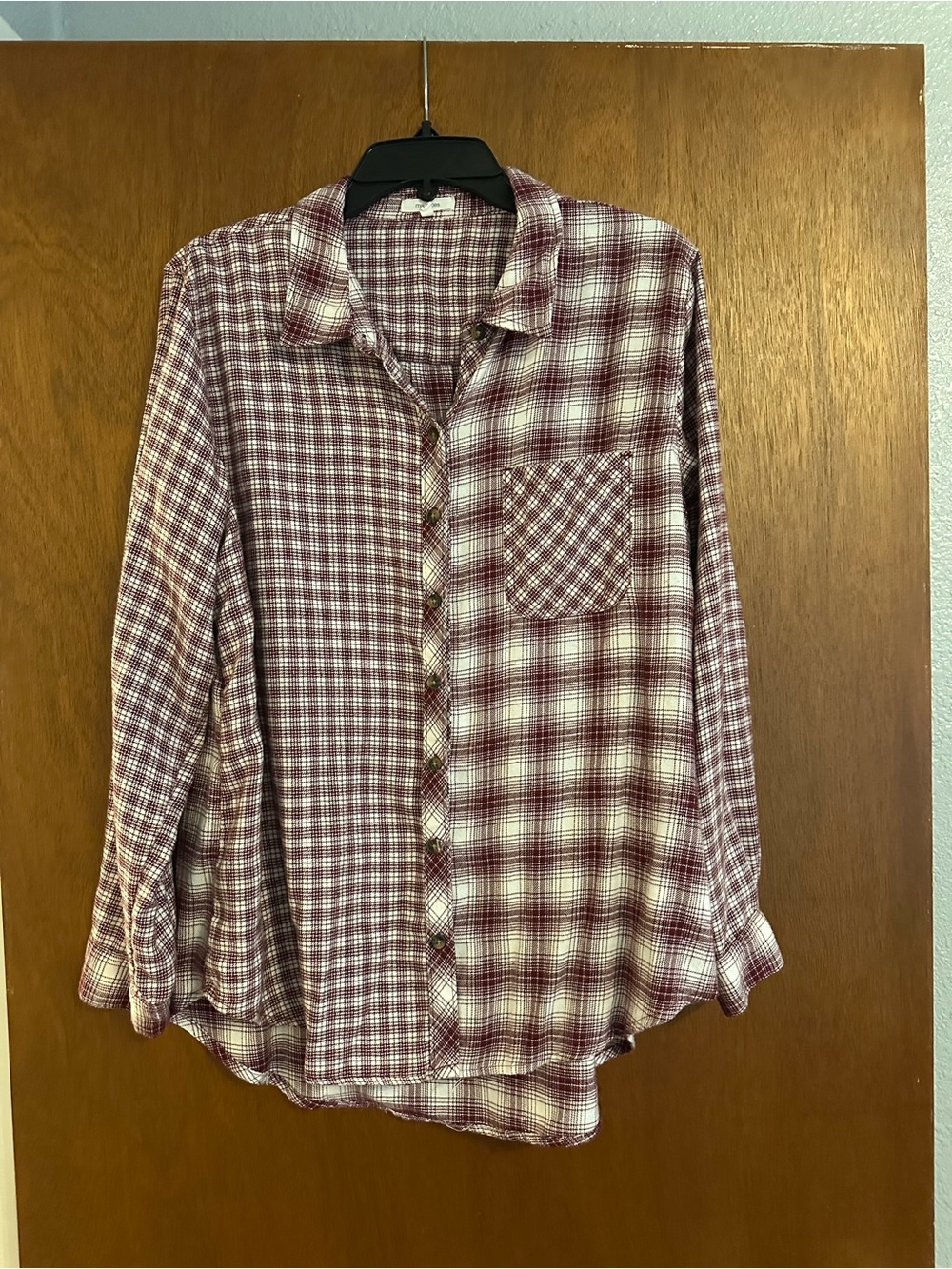 Women’s Maroon Plaid Button-Up Shirt - Casual Long Sleeve